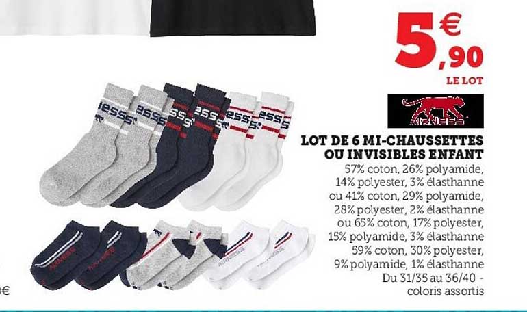 lot de 6 mi-chaussettes ou invisibles enfant