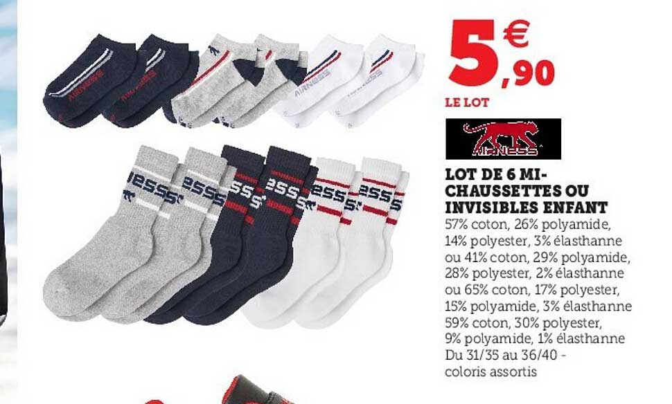 lot de 6 mi-chaussettes ou invisibles enfant airness