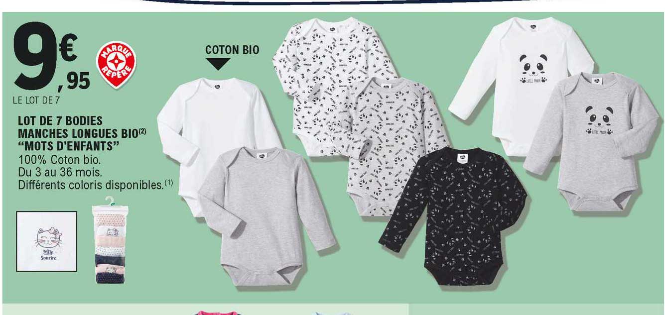 lot de 7 bodies manches longues bio "mots d'enfants"