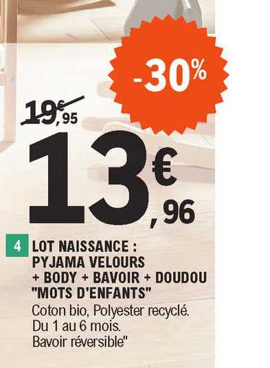 Lot Naissance : Pyjama Velours + Body + Bavoir + Doudou "mots D'enfants"