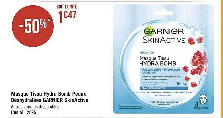 masque tissu hydra bomb peau déshydratées garnier skinactive