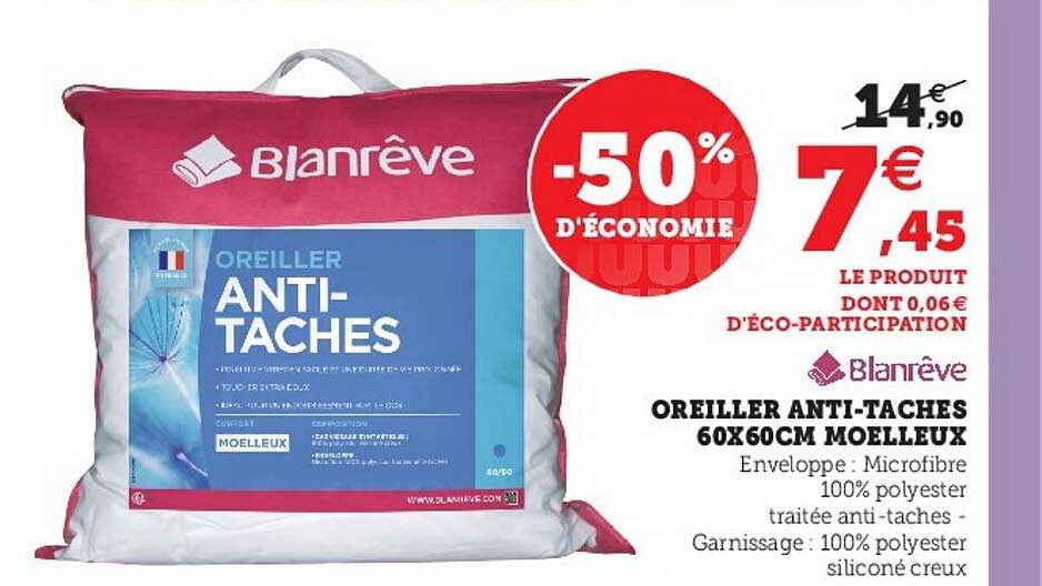 oreiller anti-tâches 60 x 60 cm moelleux blanrêve