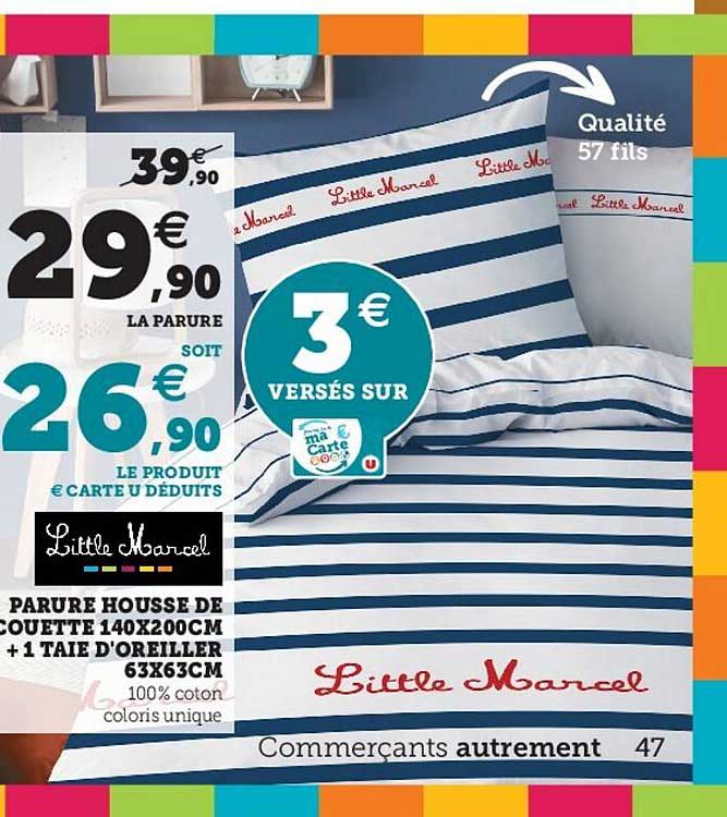 parure housse de couette 140 x 200 cm + 1 taies d'oreillers 63 x 63 cm little marcel
