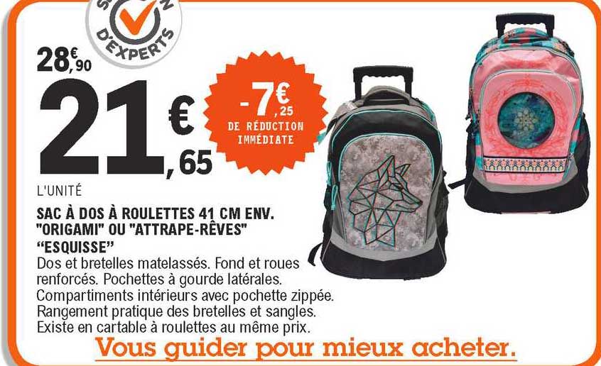 sac à dos à roulettes 41 cm env. "origami" ou "attrape-rêves" "esquisse"