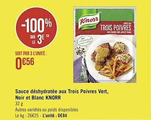 sauce déshydratée aux trois poivres vert, noir et blanc knorr