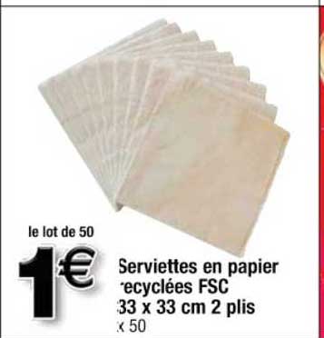 serviettes en papier recyclées fsc 33 x 33 cm 2 plis