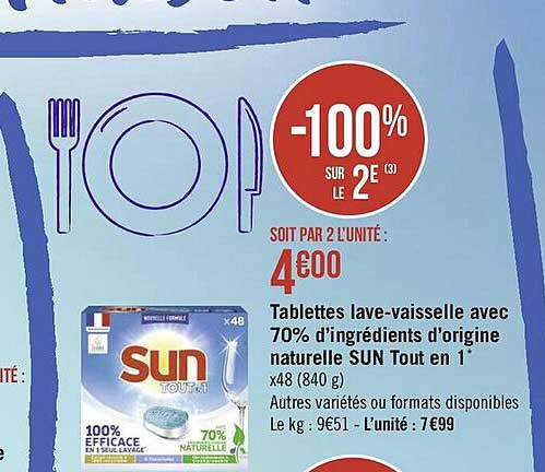 tablettes lave-vaisselle avec 70% d'ingrédients d'origine naturelle sun tout en 1