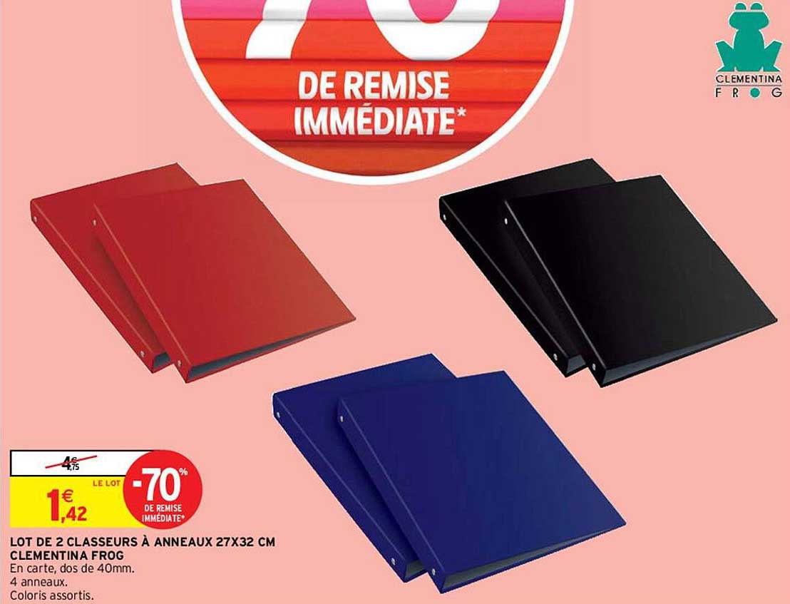 lot de 2 classeurs à anneaux 27 x 32 cm clementina frog