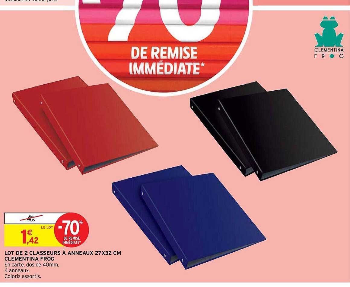 lot de 2 classeurs à anneaux 27 x 32 cm clementina frog