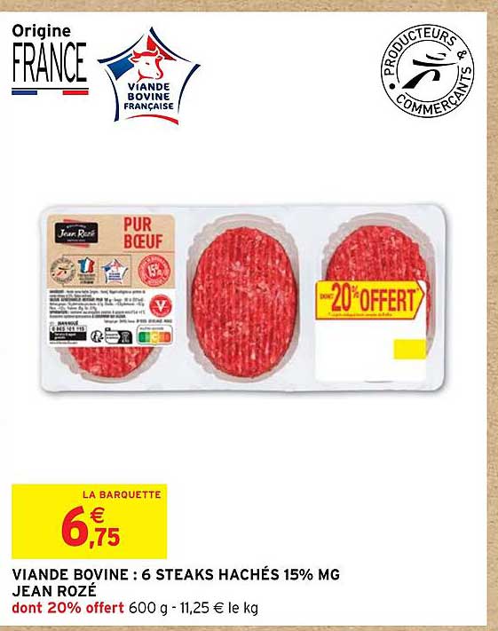 viande bovine : 6 steaks hachés 15% mg jean rozé