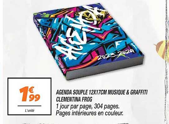 agenda souple 12 x 17 cm musique & graffiti clementina frog