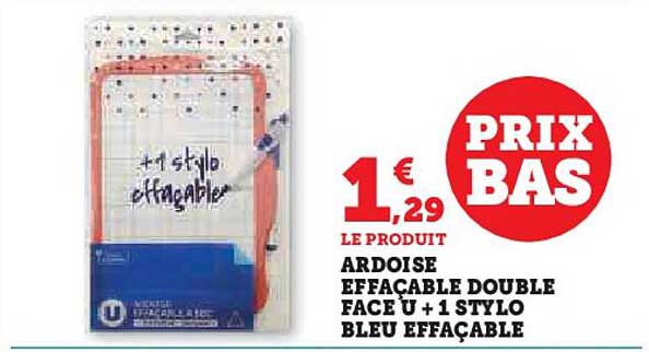 Ardoise Effaçable Double Face U + 1 Stylo Bleu Effaçable