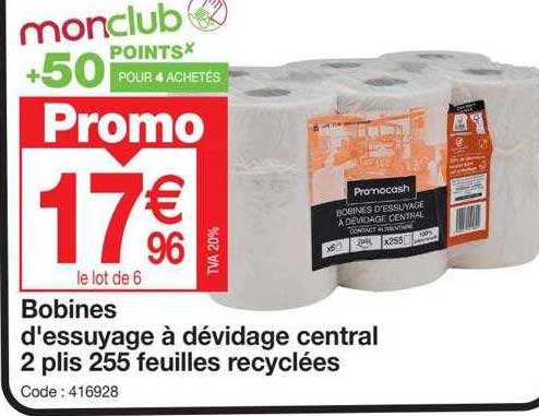 bobines d'essuyage à dévidage central 2 plis 255 feuilles recyclées
