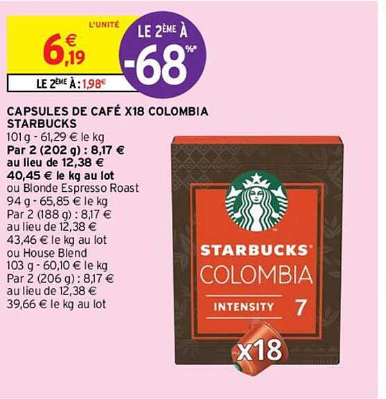 capsules de café x18 colombia starbucks