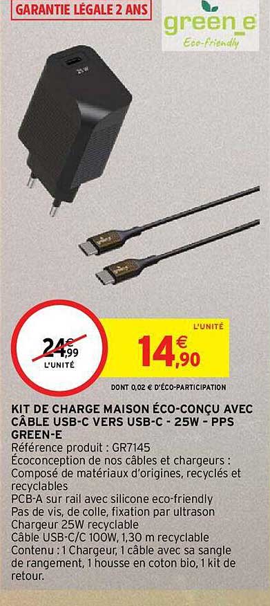 kit de charge maison éco-conçu avec câble usb-c vers usb-c - 25w - pps green-e