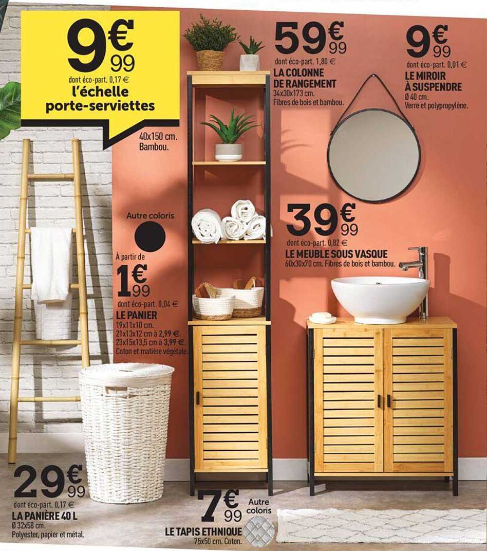 la panière 40 l, le panier, la colonne de rangement, le miroir à suspendre, le meuble sous vasque