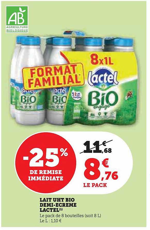 lait uht bio demi-écrémé lactel
