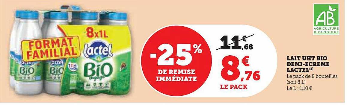 lait uht bio demi-écrémé lactel