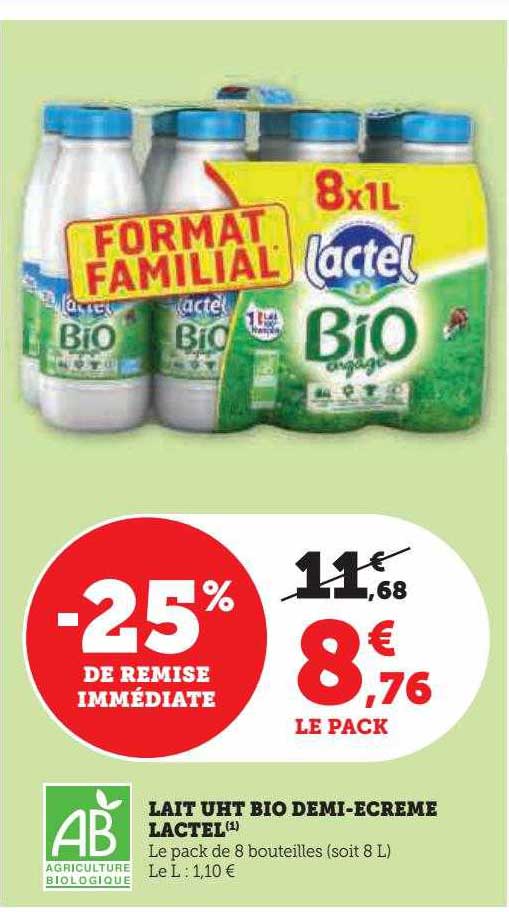 lait uht bio demi-écrémé lactel