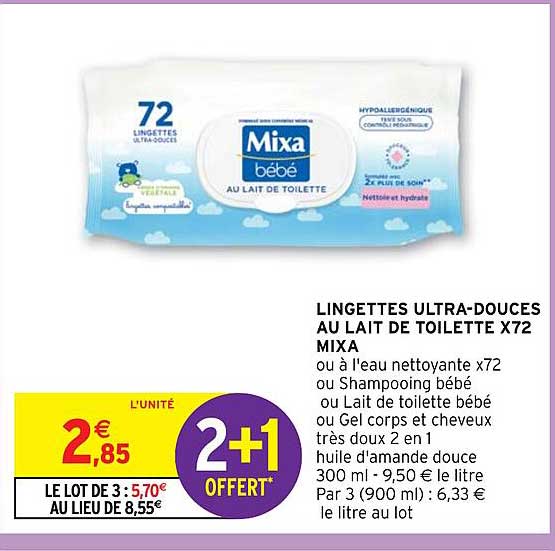 lingettes ultra-douces au lait de toilette x 72 mixa