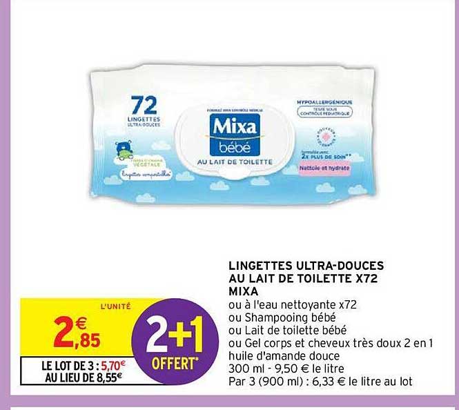 lingettes ultra-douces au lait de toilette x 72 mixa