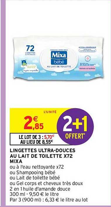 lingettes ultra-douces au lait de toilette x 72 mixa