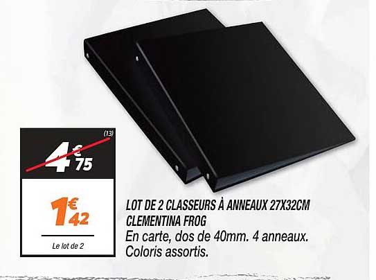 lot de 2 classeurs à anneaux 27 x 32 cm clémentina frog
