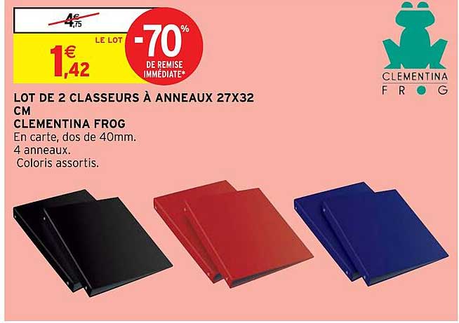 lot de 2 classeurs à anneaux 27 x 32 cm clementina frog