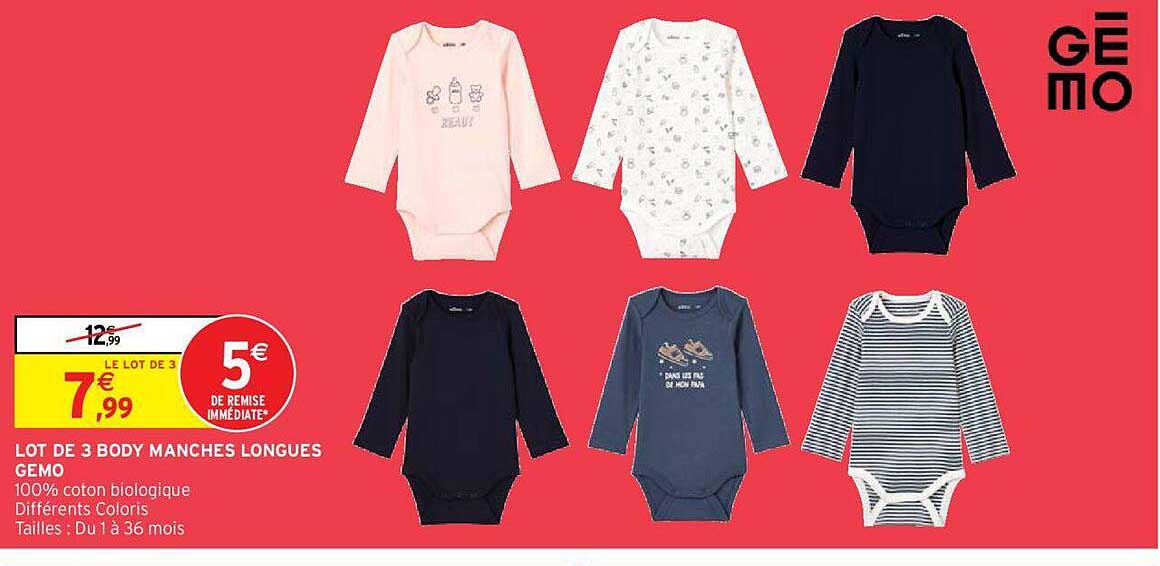 lot de 3 body manches longues gemo