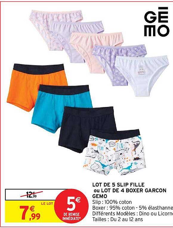 Lot De 5 Slip Fille Ou Lot De 4 Boxer Garçon Gemo