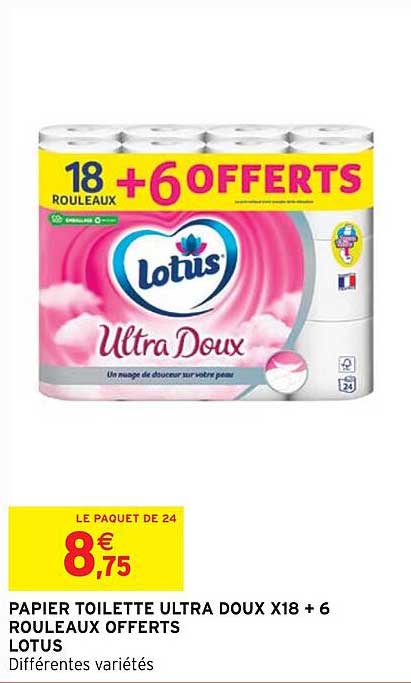 papier toilette ultra doux x18 + 6 rouleaux offerts lotus