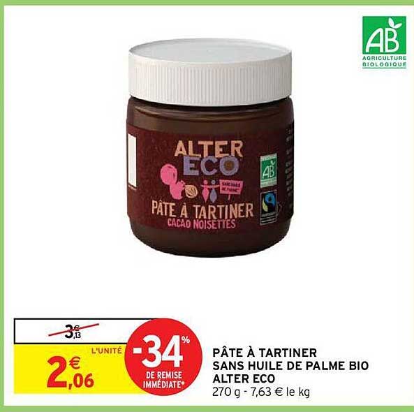 pâte à tartiner sans huile de palme bio alter éco