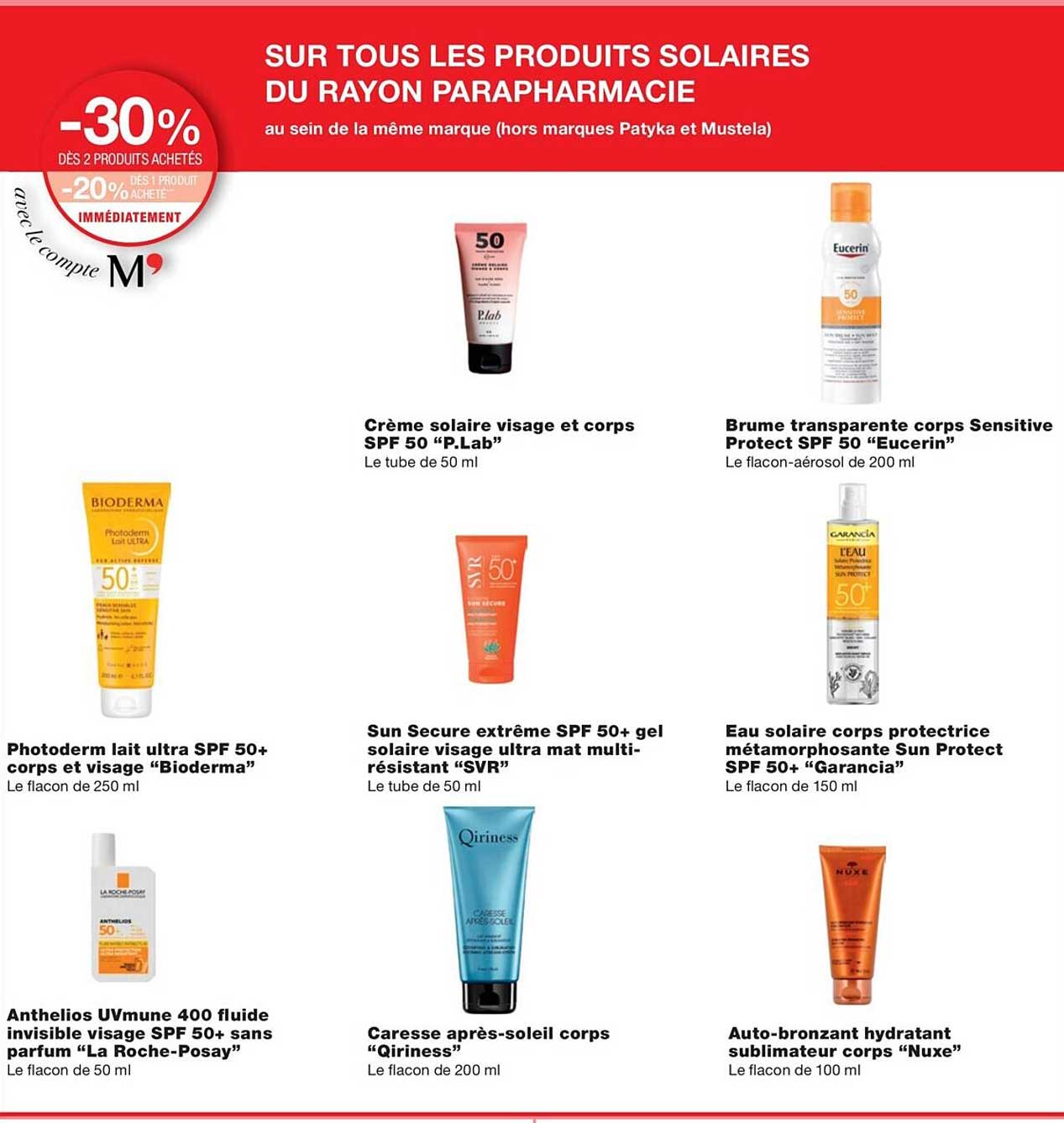 photoderm lait ultra spf 50+ corps et visage "bioderma", anthelios uvmune 400 fluide invisible visage spf 50+ sans parfum "la roche-posay", crème solaire visage et corps spf 50 "p.lab"