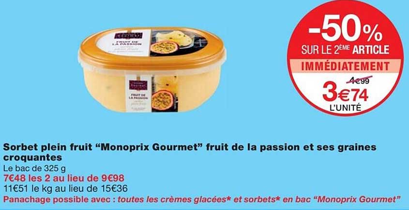 sorbet plein fruit "monoprix gourmet" fruit de la passion et ses graines croquantes