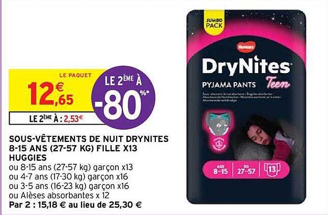 sous-vêtements de nuit drynites 8-15 ans (24-57 kg) fille x 13 huggies
