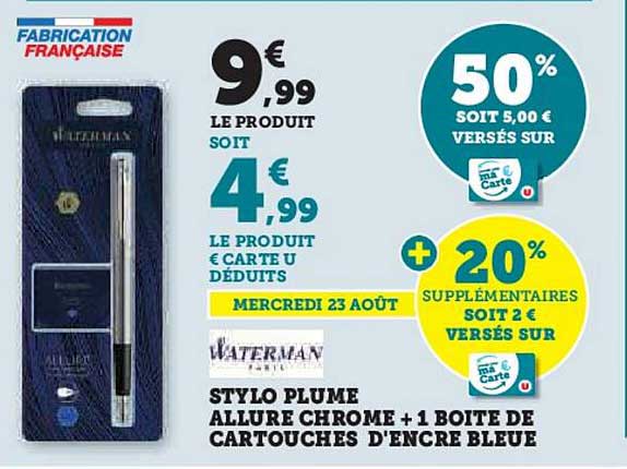 stylo plume allure chrome + 1 boîte de cartouches d'encre bleue waterman