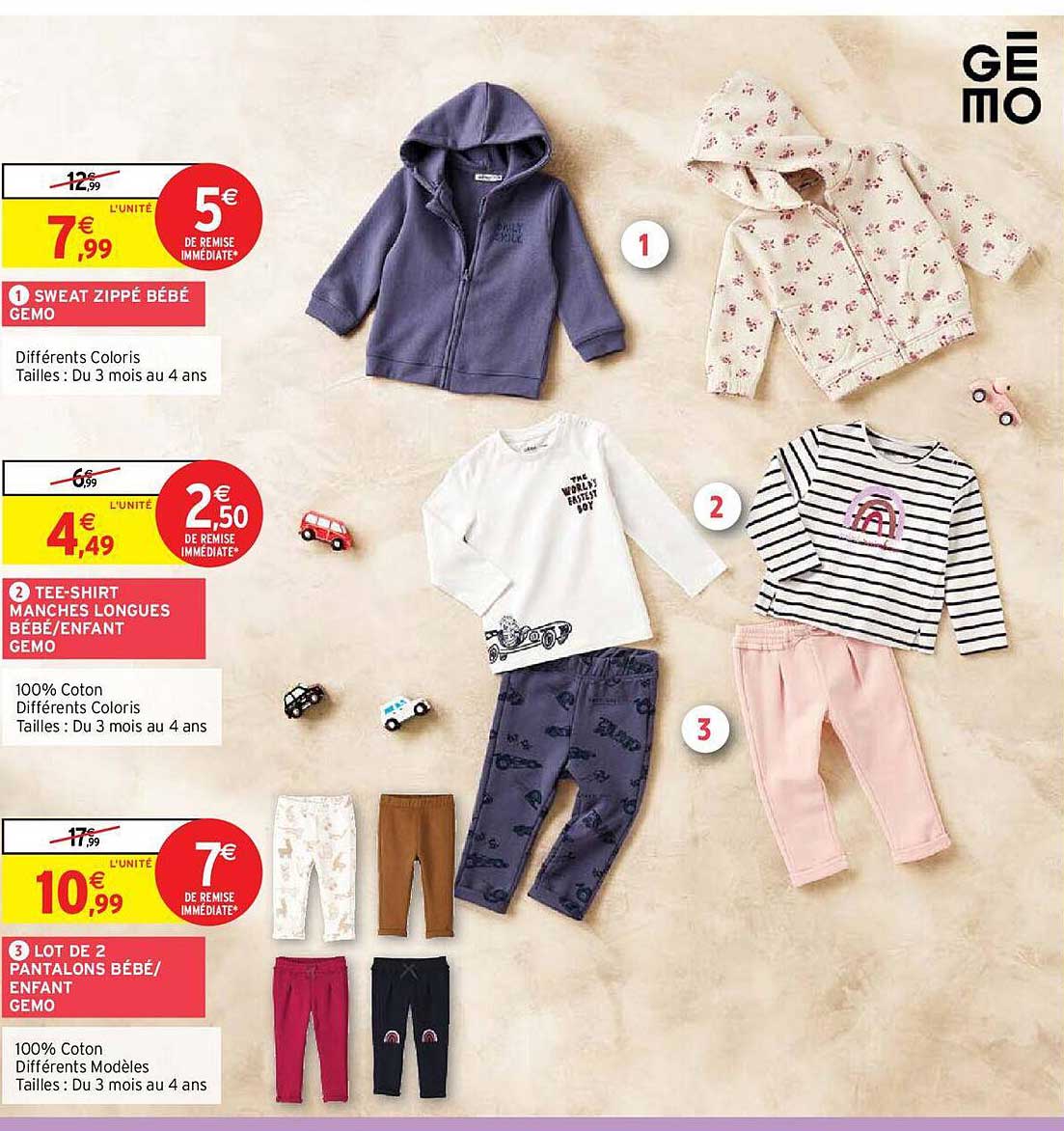 sweat zippé bébé gémo, tee-shirt manches longues bébé/enfant gémo, lot de 2 pantalons bébé/enfant gémo