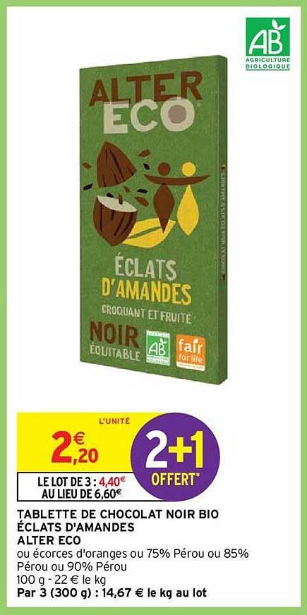 Tablette De Chocolat Noir Bio éclats D'amandes Alter éco
