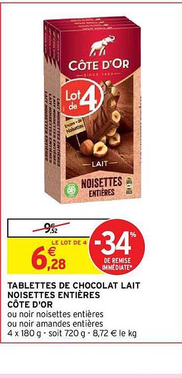 Tablettes De Chocolat Lait Noisettes Entières Côte D'or