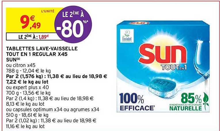 tablettes lave-vaisselle tout en 1 regular x 45 sun