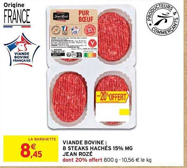viande bovine : 8 steaks hachés 15% mg jean rozé