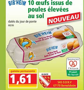 10 oeufs issus de poules élevées au sol bib'heim