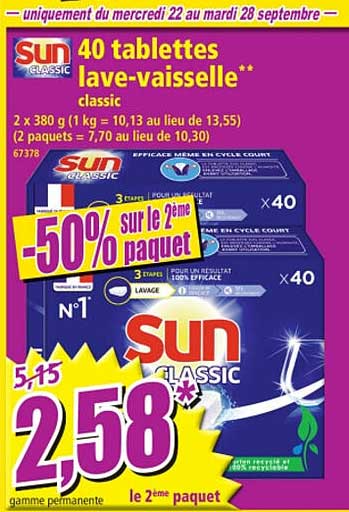 40 Tablettes Lave-vaisselle Classic Sun