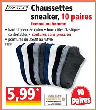 chaussettes sneaker, 10 paires toptex