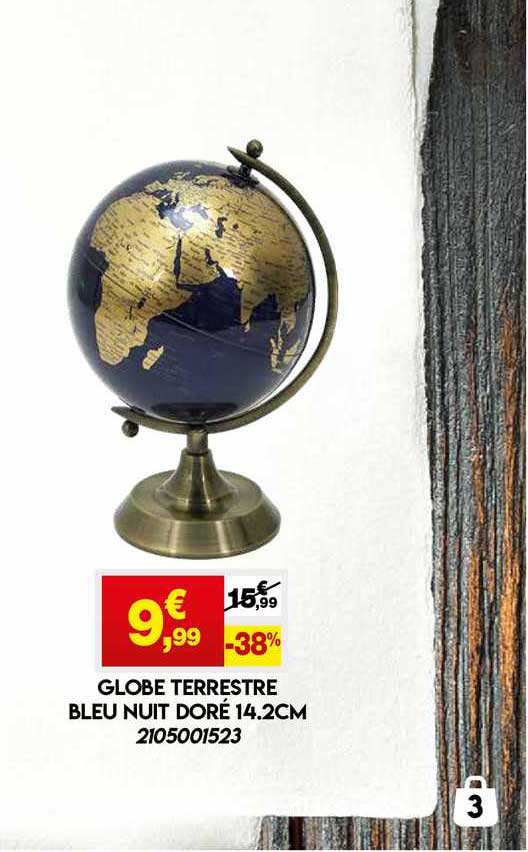 globe terrestre bleu nuit doré 14.2 cm