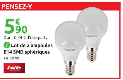 lot de 2 ampoules e14 smd sphériques xanlite