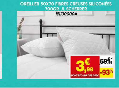 oreiller 50 x 70 fibres creuses siliconées 700 gr jl scherrer