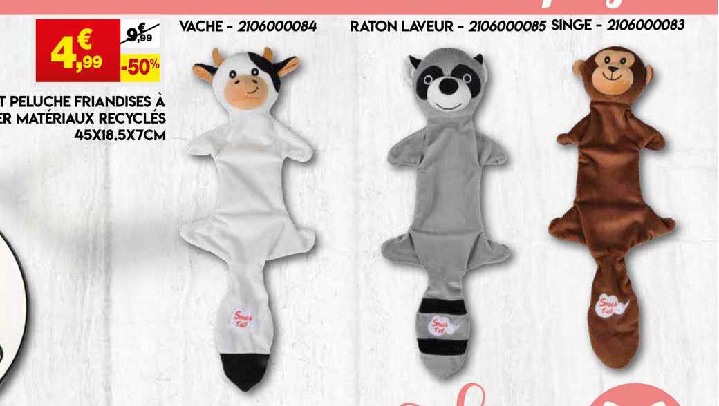 peluche friandises : vache, raton laveur