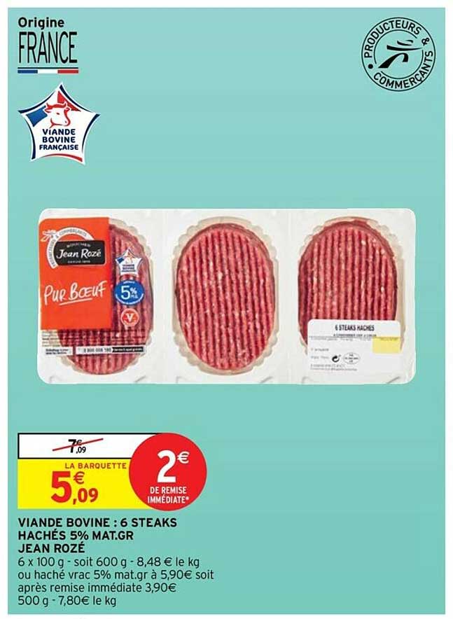 viande bovine : 6 steaks hachés 5% mat. gr. jean rozé