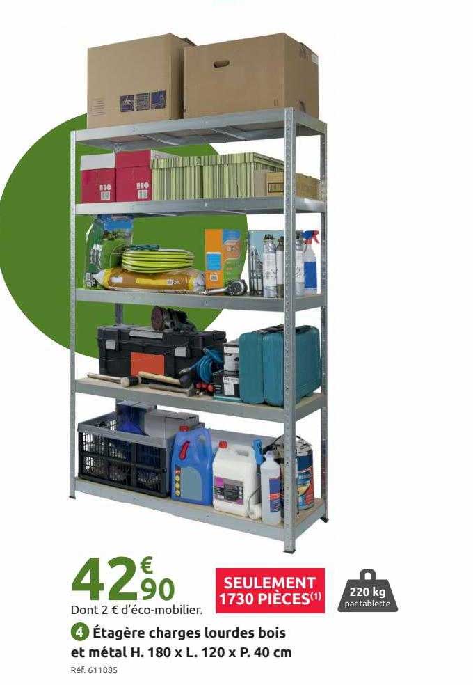 étagère charges lourdes bois et métal h. 180 x l. 120 x p. 40 cm